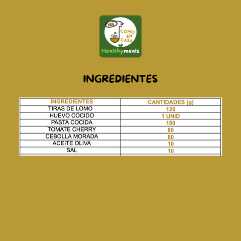 Pasta, huevo cocido, tiras de lomo, tomate cherry y cebolla