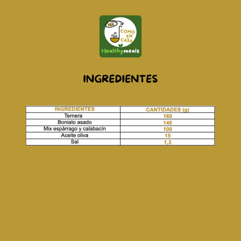 Tiras de ternera con boniato, espárragos trigueros y calabacín