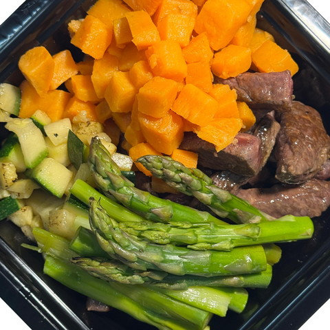 Tiras de ternera con boniato, espárragos trigueros y calabacín